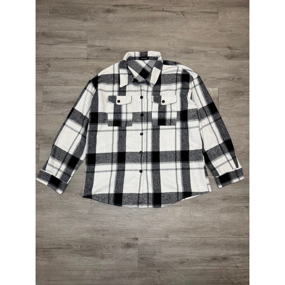 Black White Plaid Flannel Shacket Jacket Button Down Oversized XL Unisex